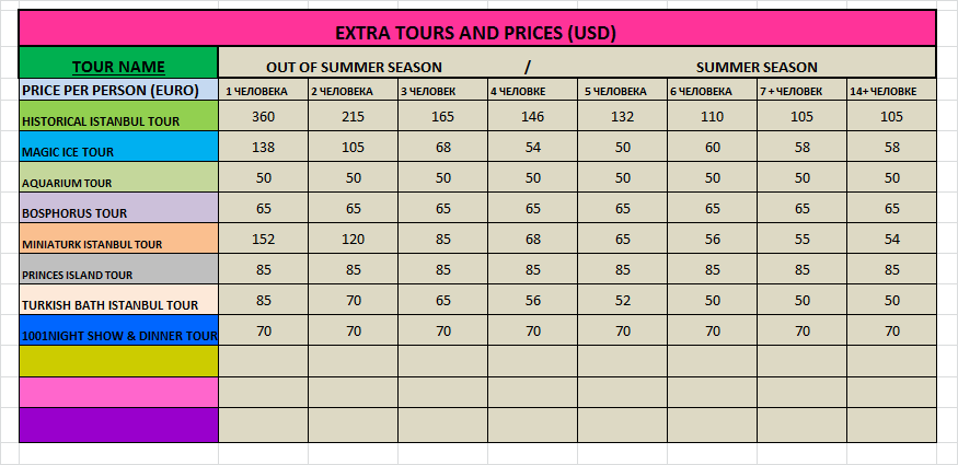 EXTRA TOURS IST ENG PRICE